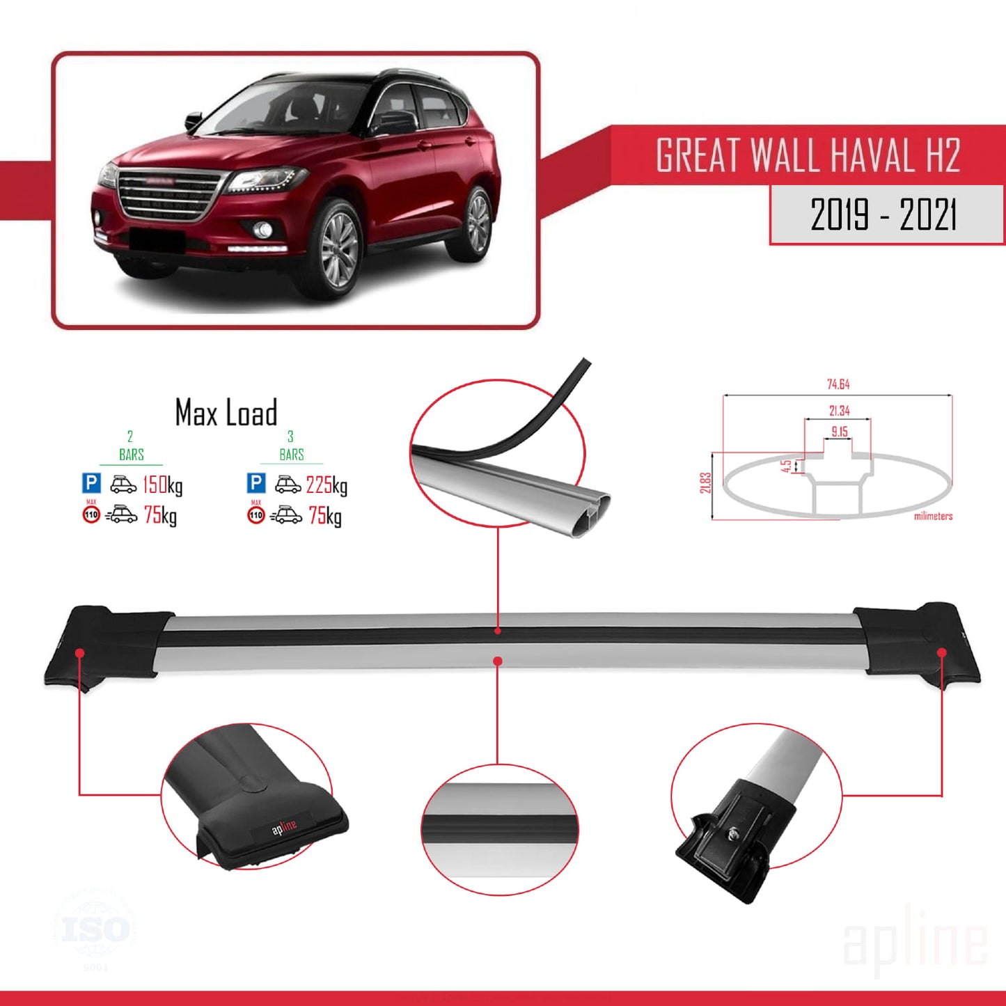 Compatibile con Great Wall Haval H2 2019-2021 FLY Model Barre Tetto Portapacchi Auto Barre Portatutto Grigo Alluminio 2 Barre