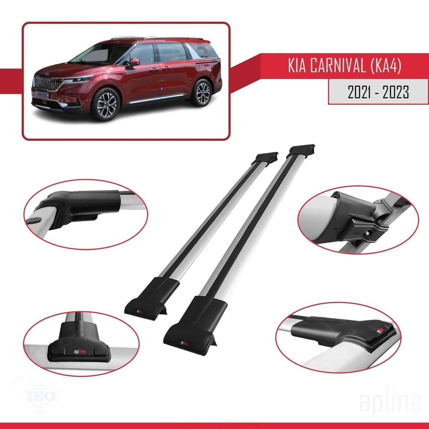 Compatible avec Kia Carnival 4 (KA4) 2021-2023 FLY Model Barres de Toit Railing Porte-Bagages de Voiture Gris Aluminium 2 Barres