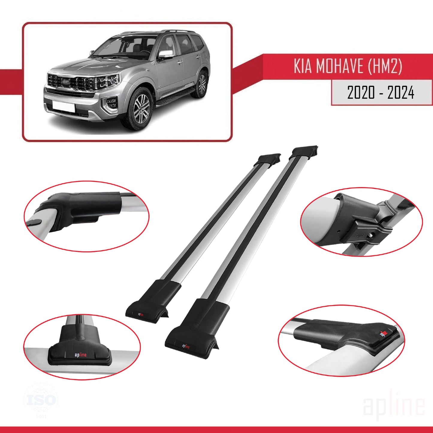 Compatible avec Kia Mohave 2 (HM2) 2020-2024 FLY Model Barres de Toit Railing Porte-Bagages de Voiture Gris Aluminium 2 Barres