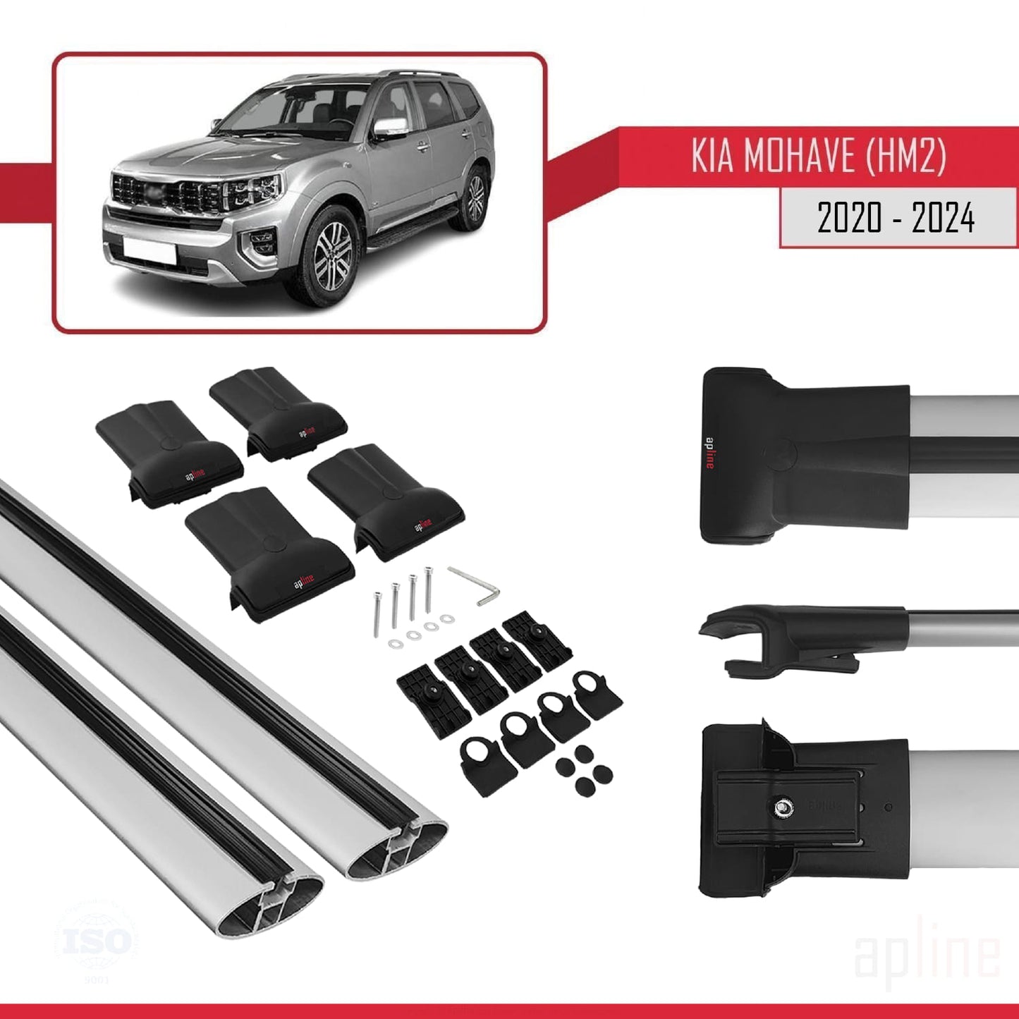 Compatible avec Kia Mohave 2 (HM2) 2020-2024 FLY Model Barres de Toit Railing Porte-Bagages de Voiture Gris Aluminium 2 Barres