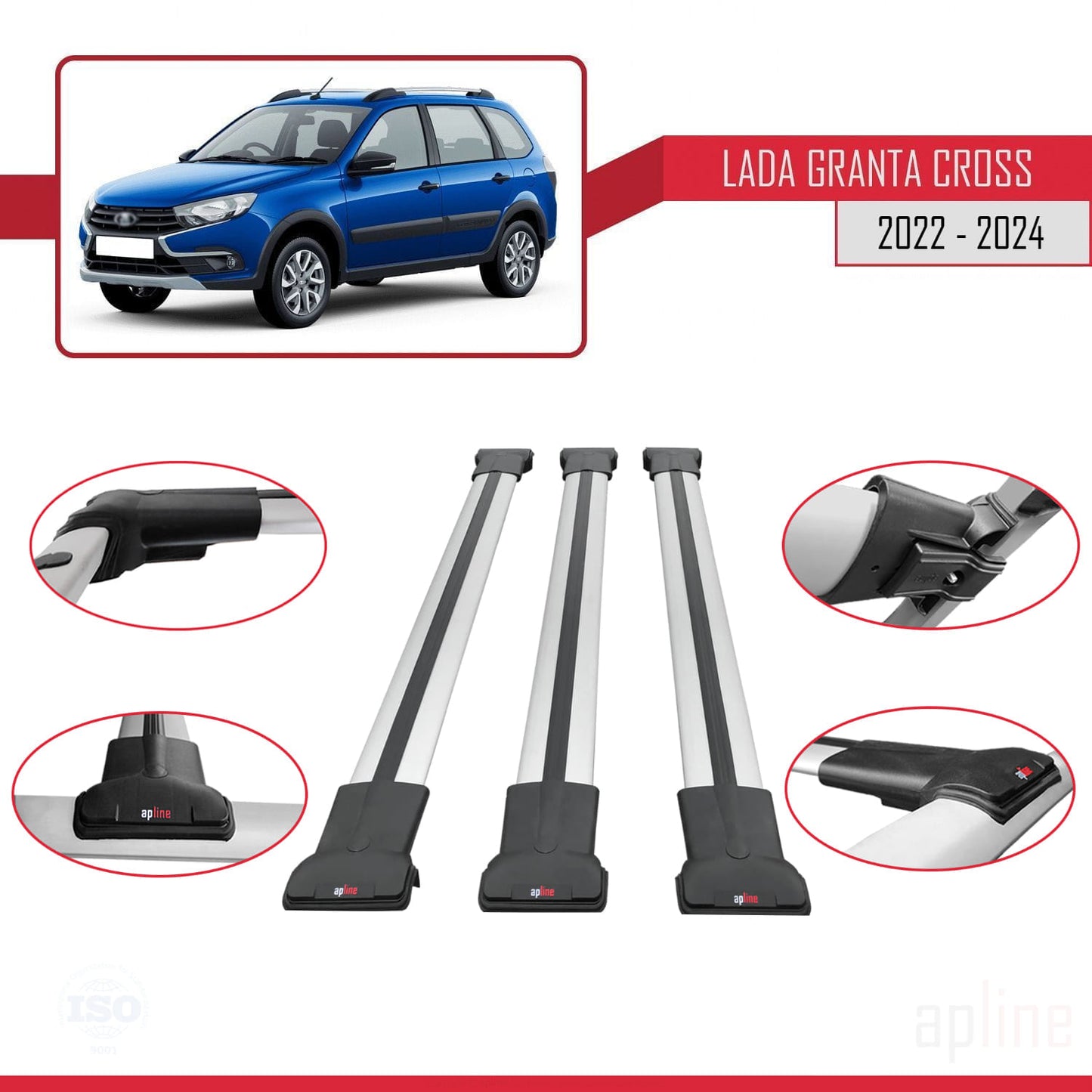 Compatible avec Lada Granta Cross 2022-2024 FLY Model Barres de Toit Railing Porte-Bagages de Voiture Gris Aluminium 3 Barres