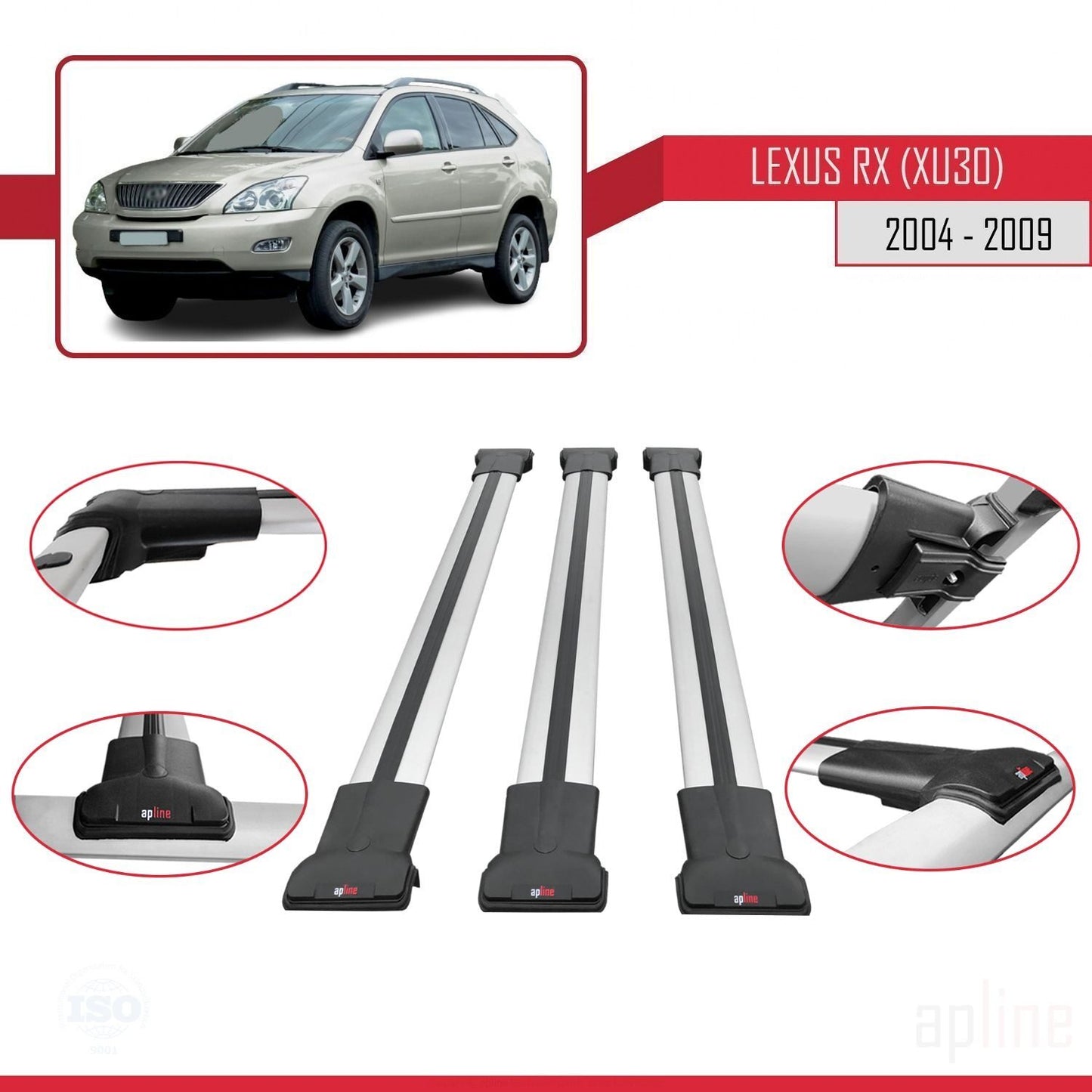 Compatible avec Lexus RX 2 (XU30) 2004-2009 FLY Model Barres de Toit Railing Porte-Bagages de Voiture Gris Aluminium 3 Barres