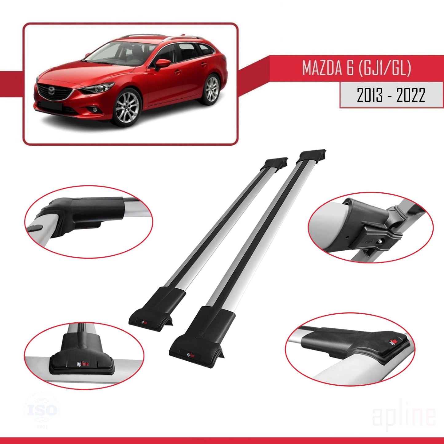 Compatible avec Mazda 6 III (GJ1/GL) 2013-2022 FLY Model Barres de Toit Railing Porte-Bagages de Voiture Gris Aluminium 2 Barres
