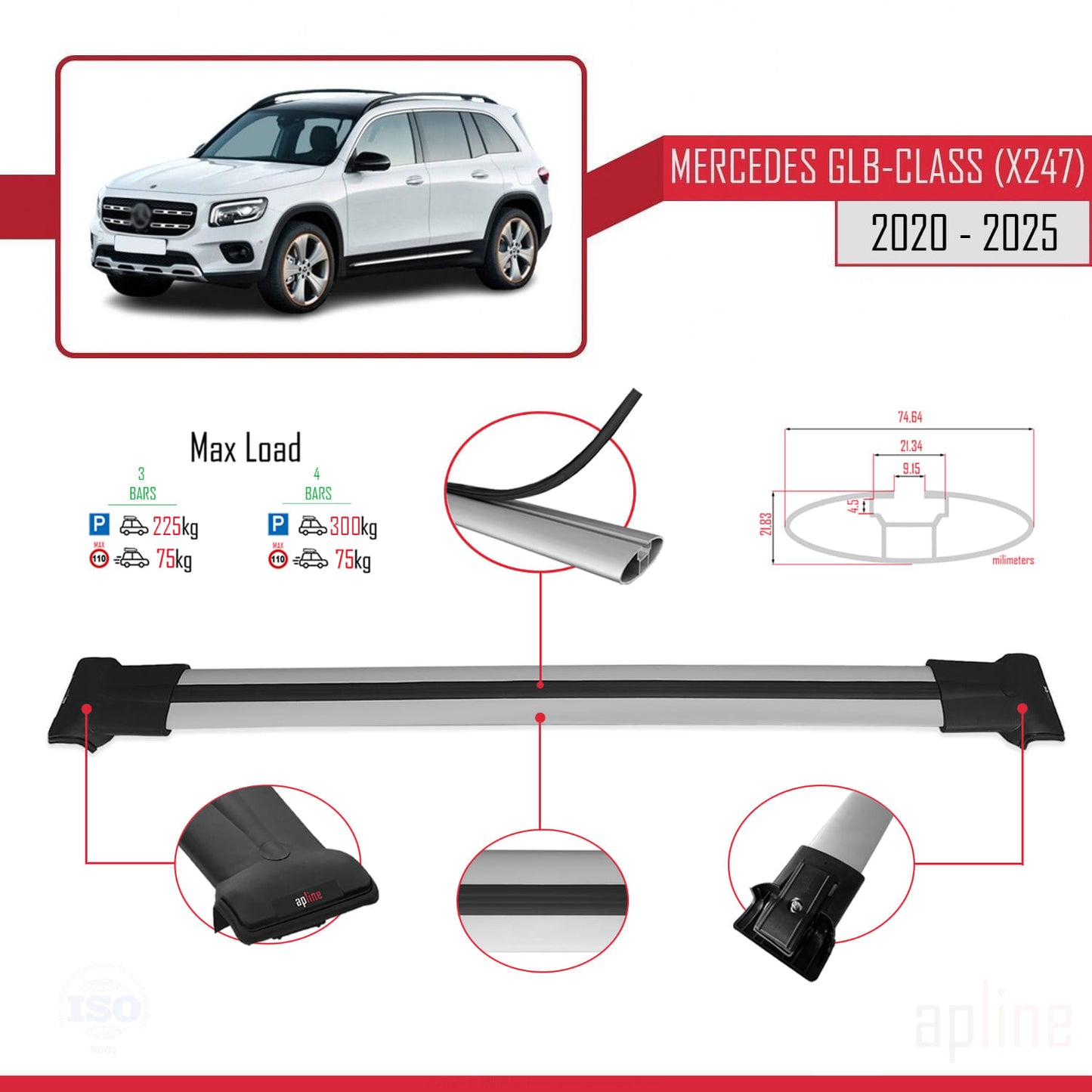 Kompatibel mit Mercedes GLB Klasse (X247) 2020-2025 FLY Model Relingträger Dachträger Auto Gepäckträger Grau Aluminium 3 Stangen