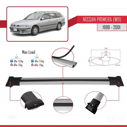 FLY Model Dakdrager bagagedrager compatibel met Nissan Primera 2 (W11) Traveller 1998-2001 Spoorstaven Grijs Aluminium 2 Staven