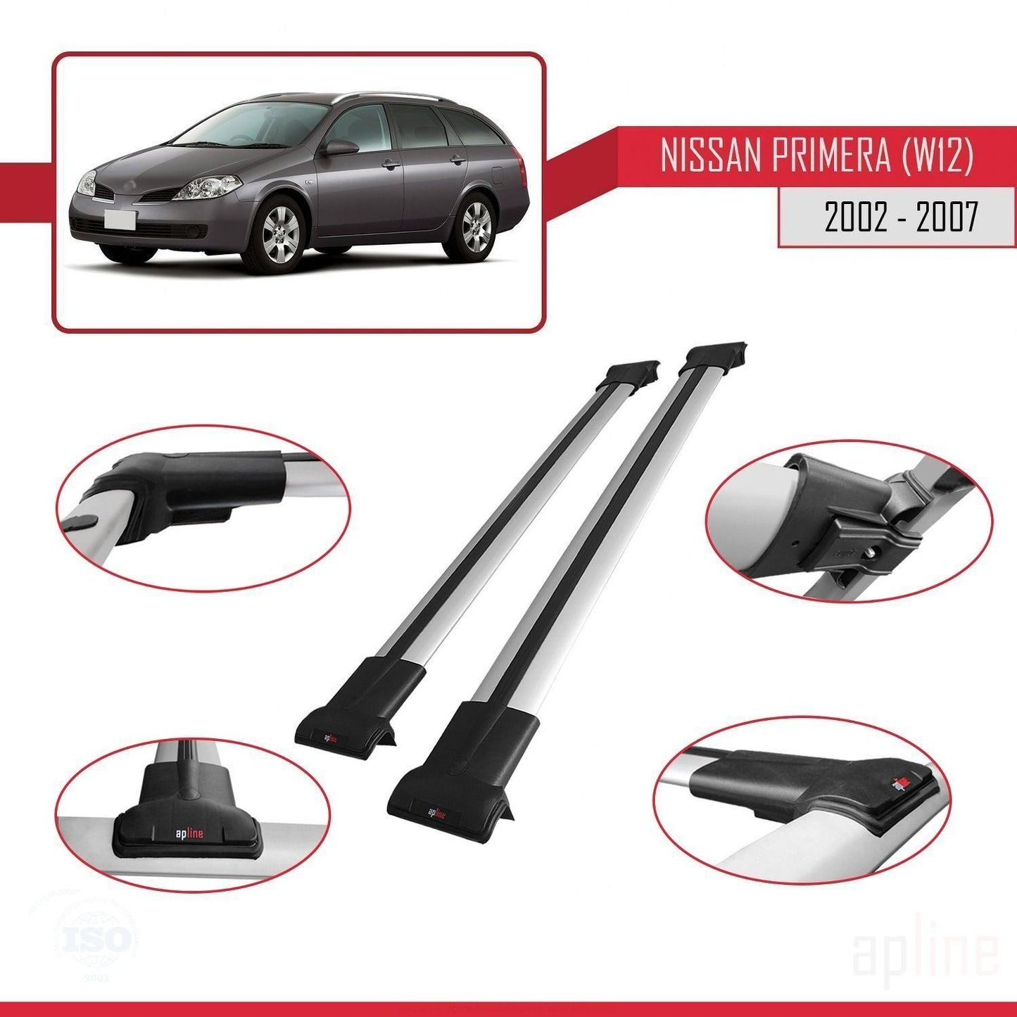 Compatibile con Nissan Primera 3 (W12) Traveller 2002-2007 FLY Model Barre Tetto Portapacchi Auto Barre Portatutto Grigo Alluminio 2 Barre
