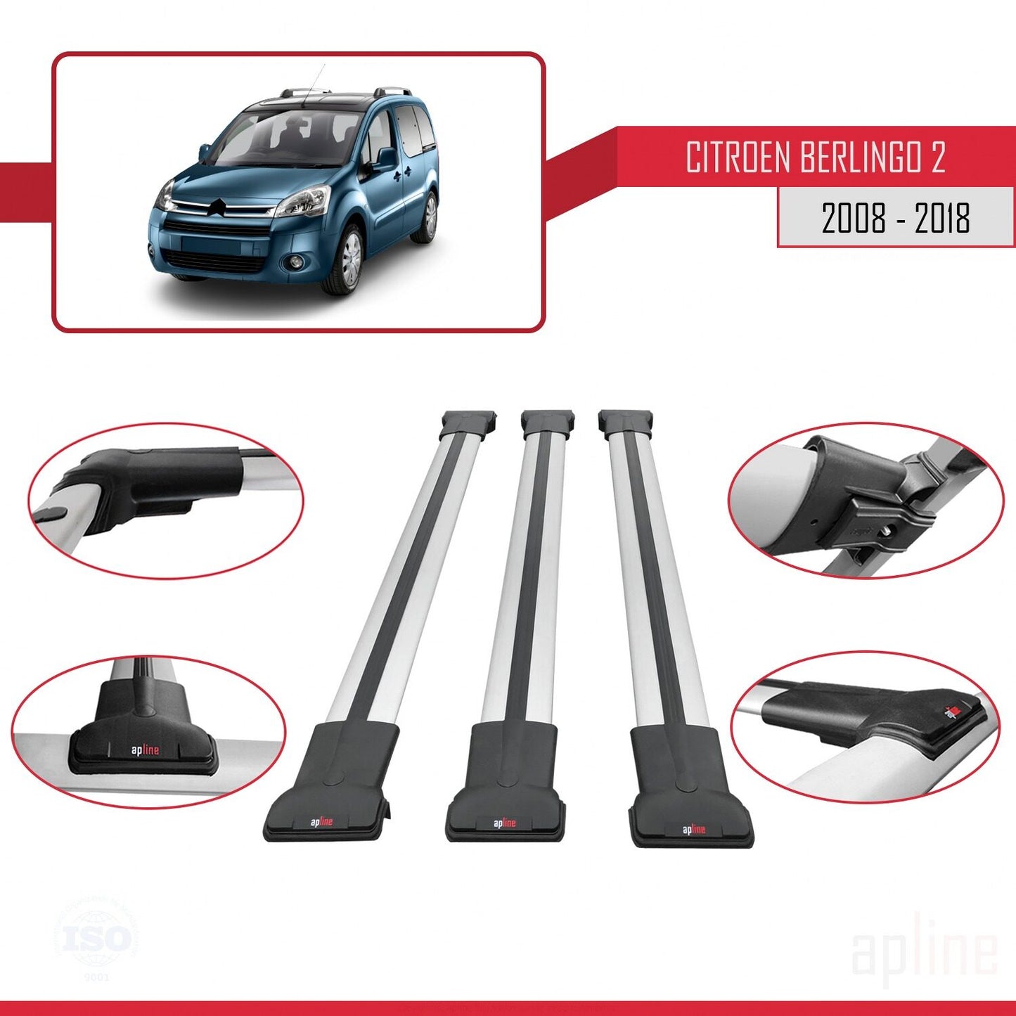 Compatible avec Citroen Berlingo 2 (B9) 2008-2018 FLY Model Barres de Toit Railing Porte-Bagages de Voiture Gris Aluminium 3 Barres