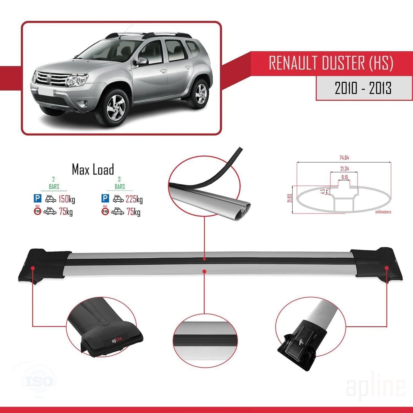 Compatible avec Renault Duster (HS) Pre-Facelift 2010-2013 FLY Model Barres de Toit Railing Porte-Bagages de Voiture Gris Aluminium 2 Barres