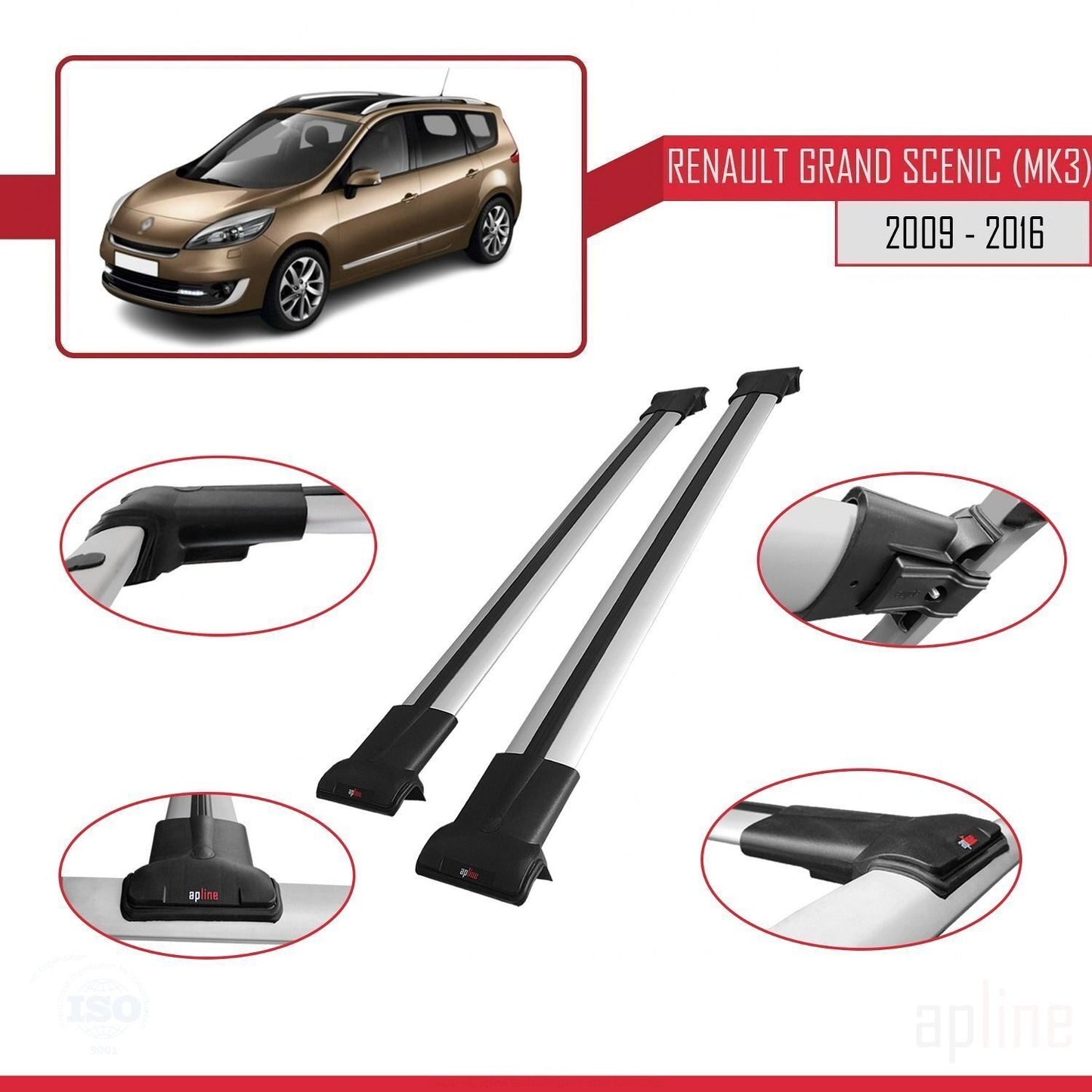 Compatible con Renault Grand Scenic 3 2009-2016 FLY Model Barras de Techo Auto Portaequipajes Barras Transversales Gris Aluminio 2 Barras