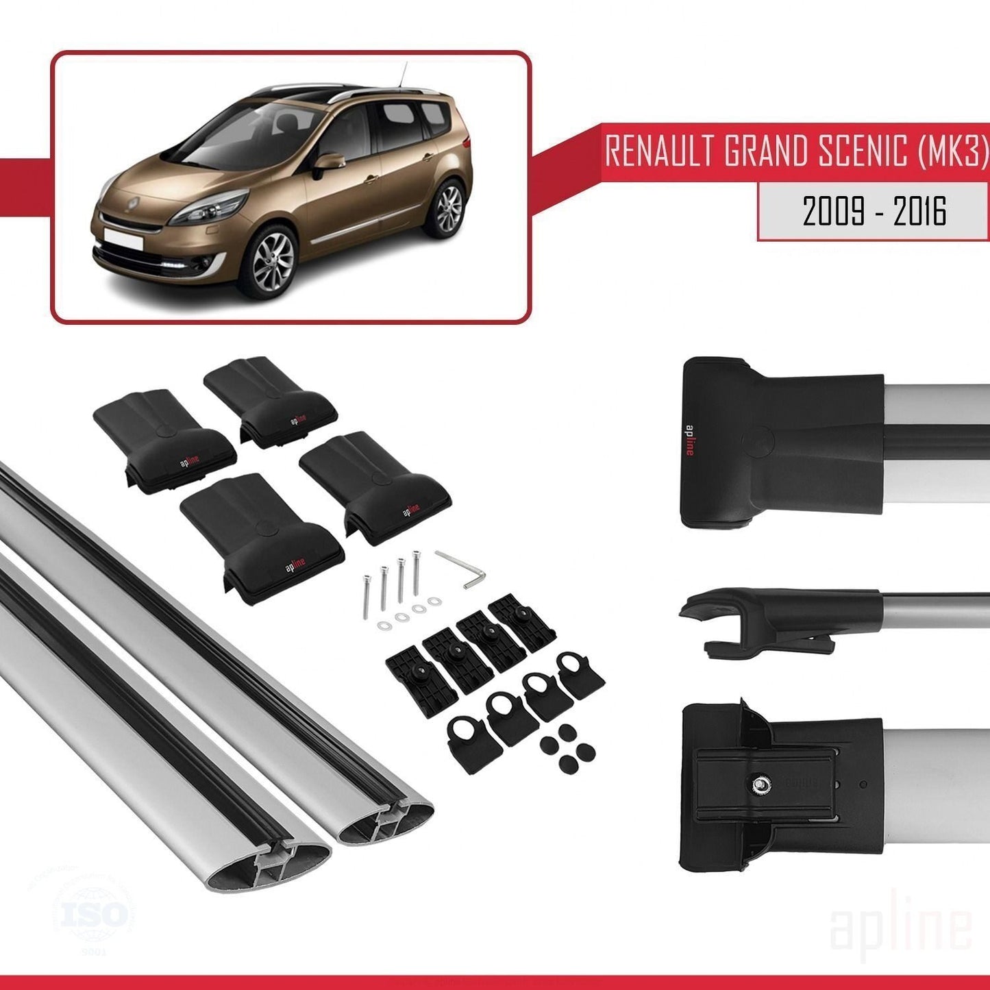 Compatible con Renault Grand Scenic 3 2009-2016 FLY Model Barras de Techo Auto Portaequipajes Barras Transversales Gris Aluminio 2 Barras