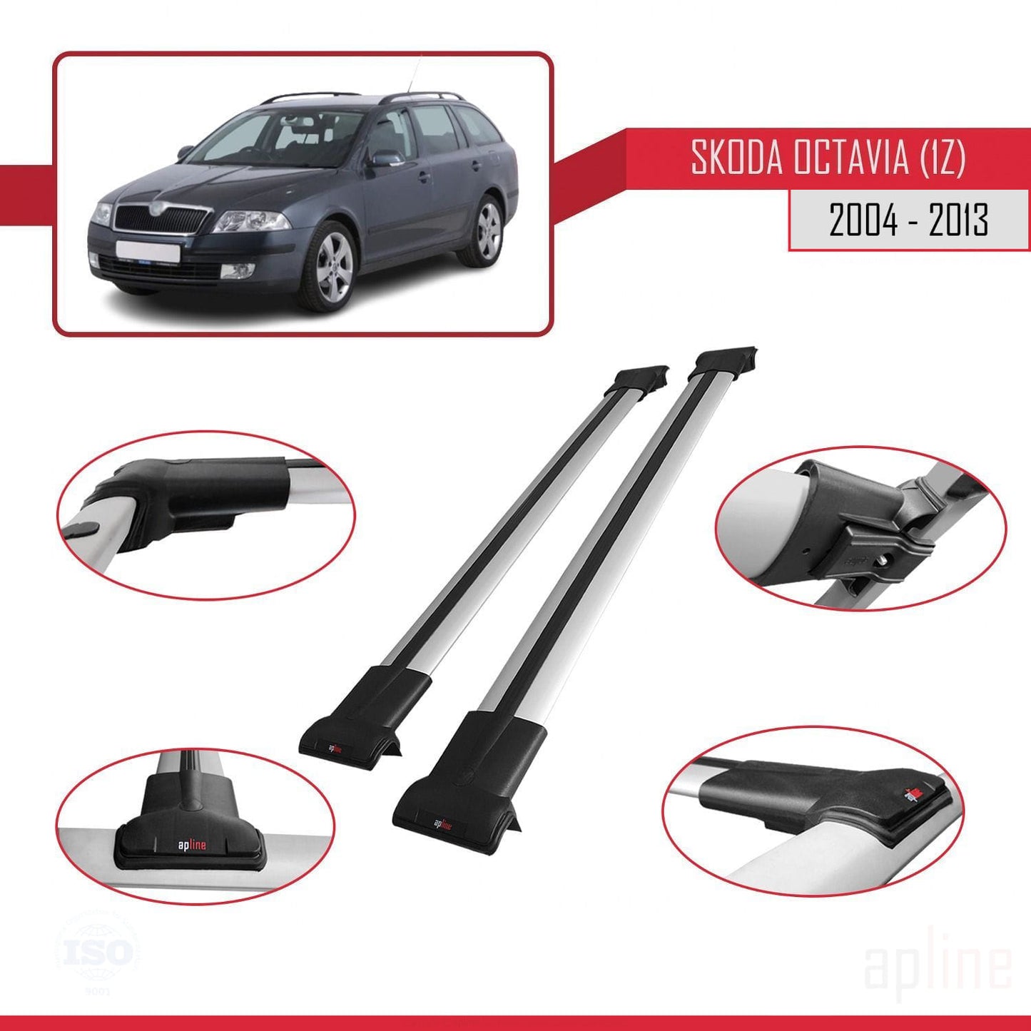 Compatible avec Skoda Octavia 2 (1Z) 2004-2013 FLY Model Barres de Toit Railing Porte-Bagages de Voiture Gris Aluminium 2 Barres