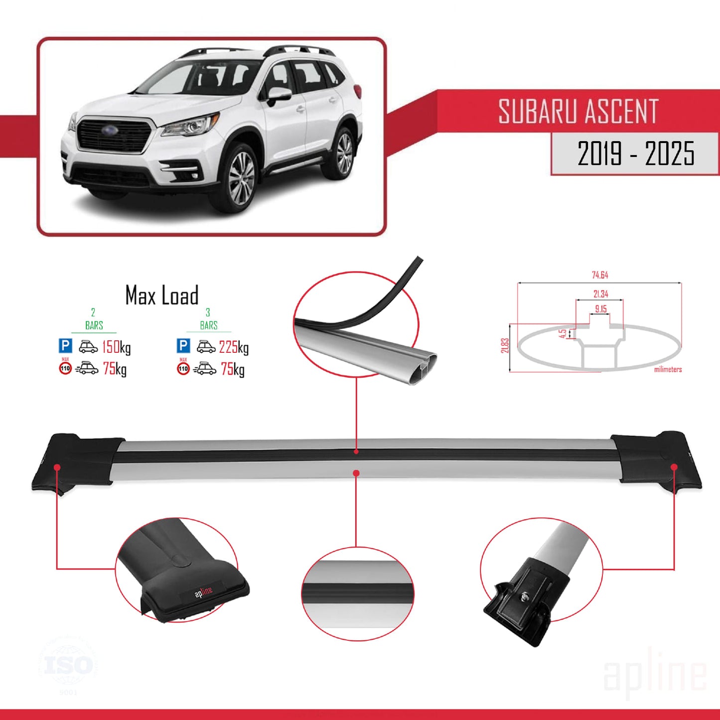 Compatibile con Subaru Ascent 2019-2025 FLY Model Barre Tetto Portapacchi Auto Barre Portatutto Grigo Alluminio 2 Barre