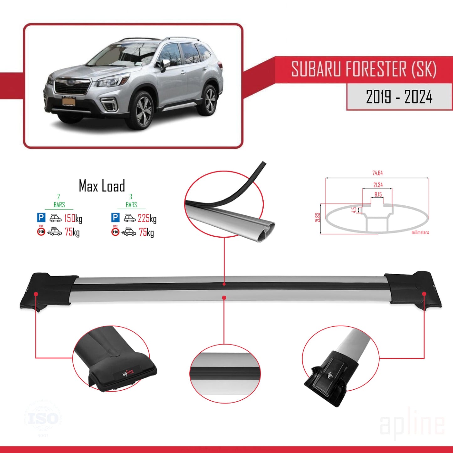 FLY Model Dakdrager bagagedrager compatibel met Subaru Forester 5 (SK) 2019-2024 Spoorstaven Grijs Aluminium 2 Staven