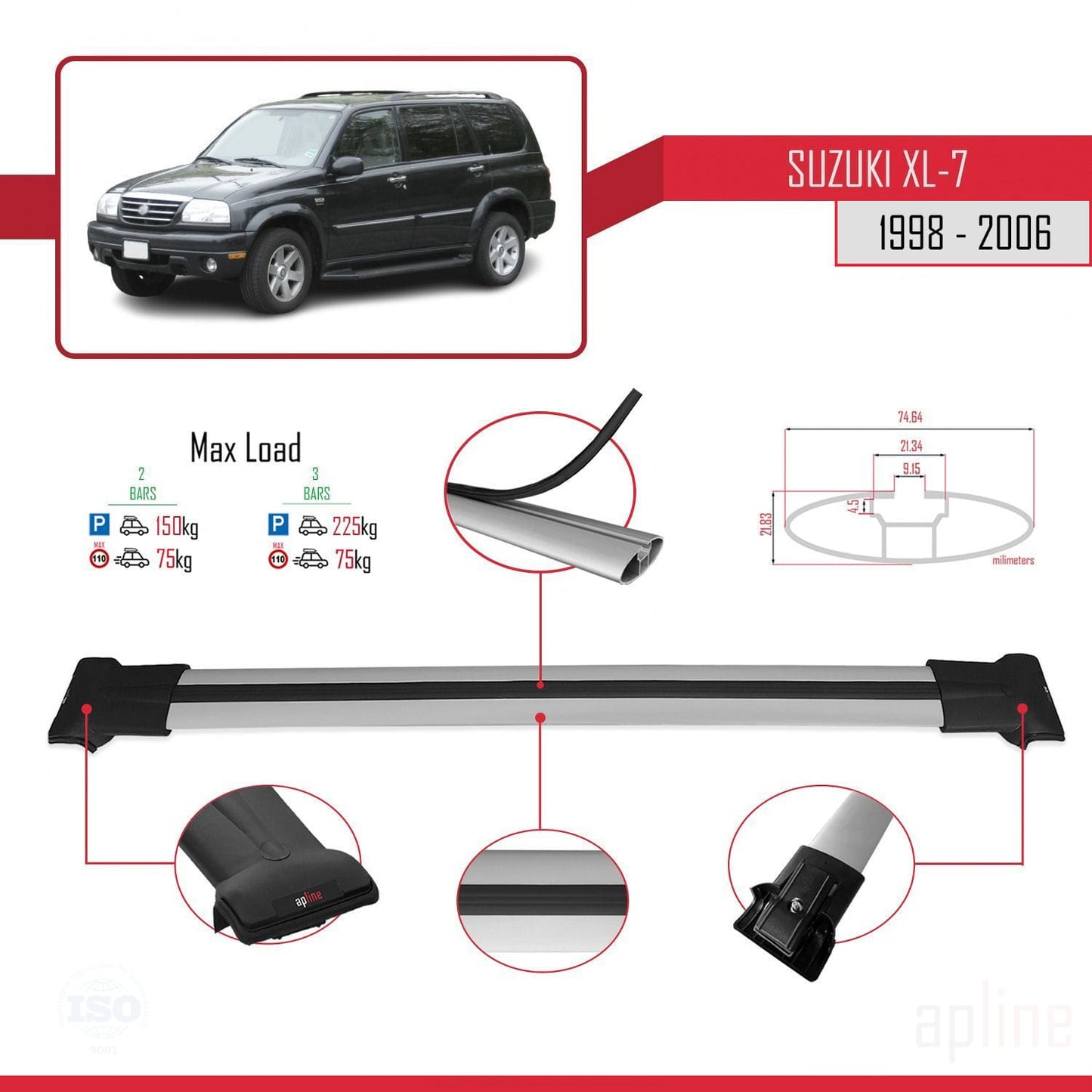 Compatible avec Suzuki XL-7 1998-2006 FLY Model Barres de Toit Railing Porte-Bagages de Voiture Gris Aluminium 2 Barres