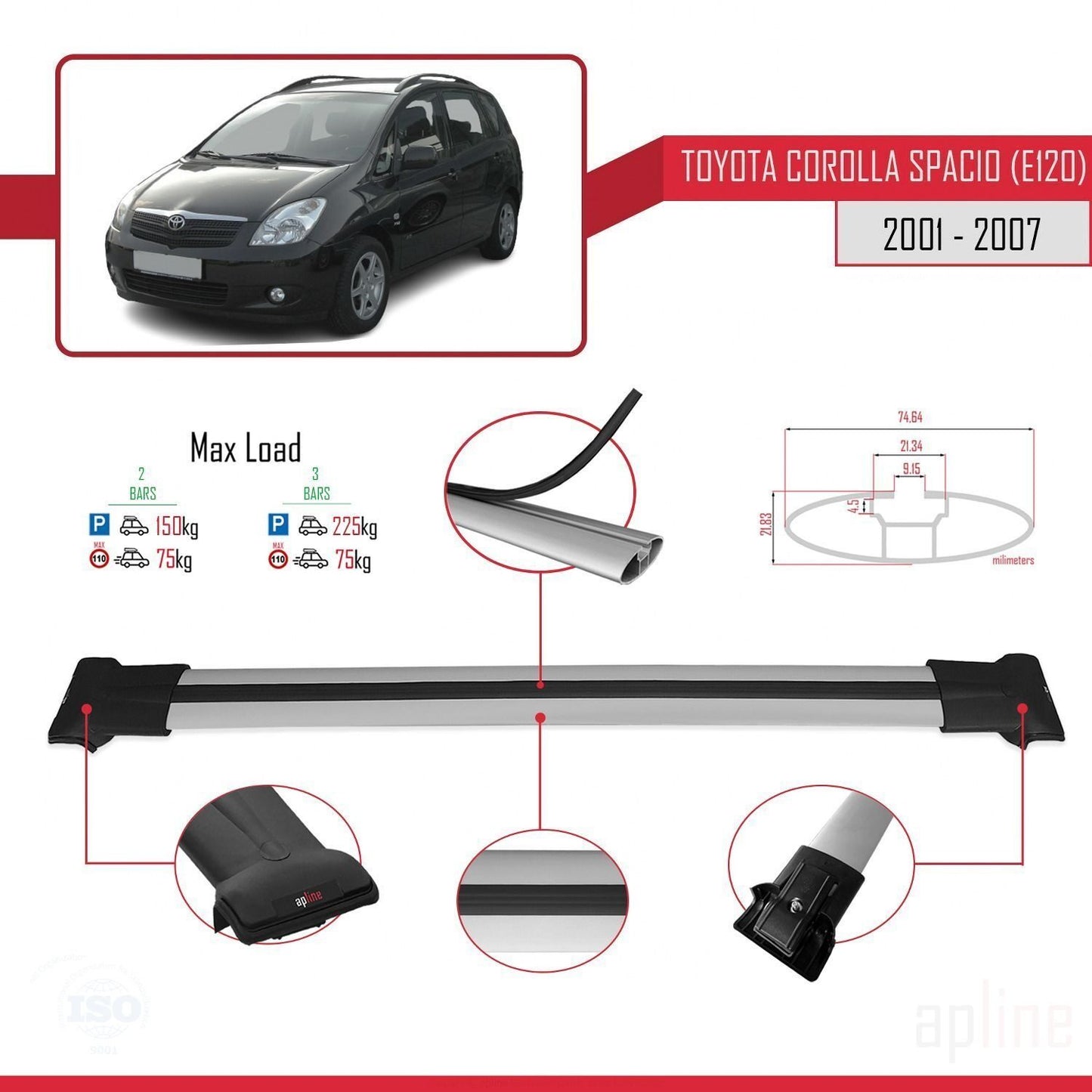 Kompatibel mit Toyota Corolla Spacio 2 (E120) 2001-2007 FLY Model Relingträger Dachträger Auto Gepäckträger Grau Aluminium 2 Stangen