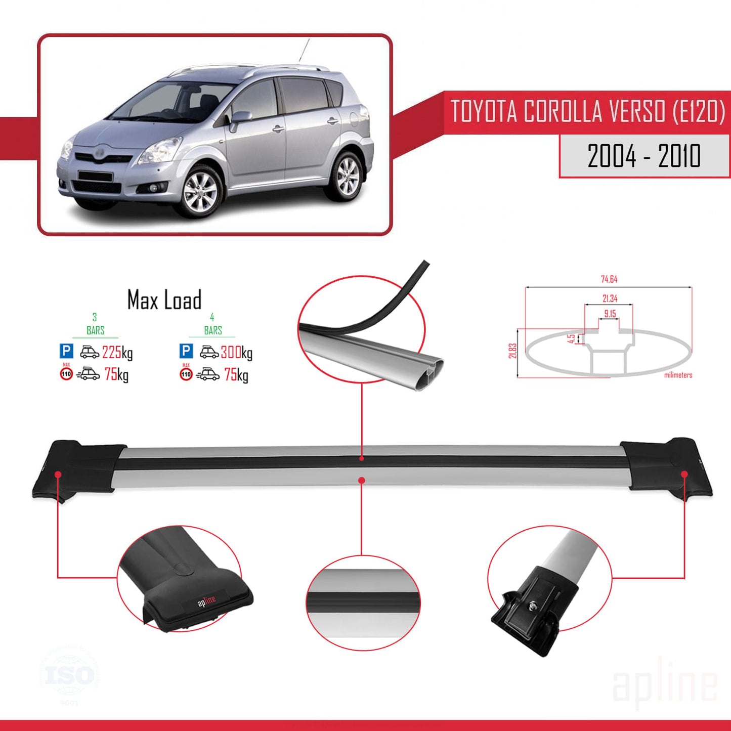 FLY Model Dakdrager bagagedrager compatibel met Toyota Corolla Verso 2 (AR10) 2004-2010 Spoorstaven Grijs Aluminium 3 Staven