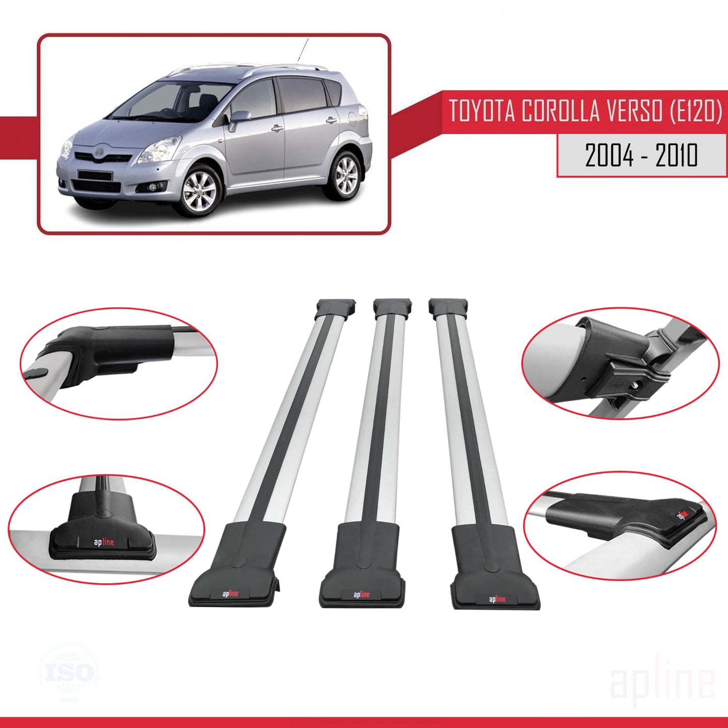 FLY Model Dakdrager bagagedrager compatibel met Toyota Corolla Verso 2 (AR10) 2004-2010 Spoorstaven Grijs Aluminium 3 Staven