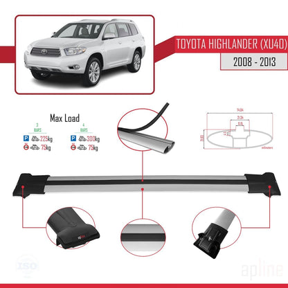 Compatibile con Toyota Highlander (XU40) 2008-2013 FLY Model Barre Tetto Portapacchi Auto Barre Portatutto Grigo Alluminio 3 Barre