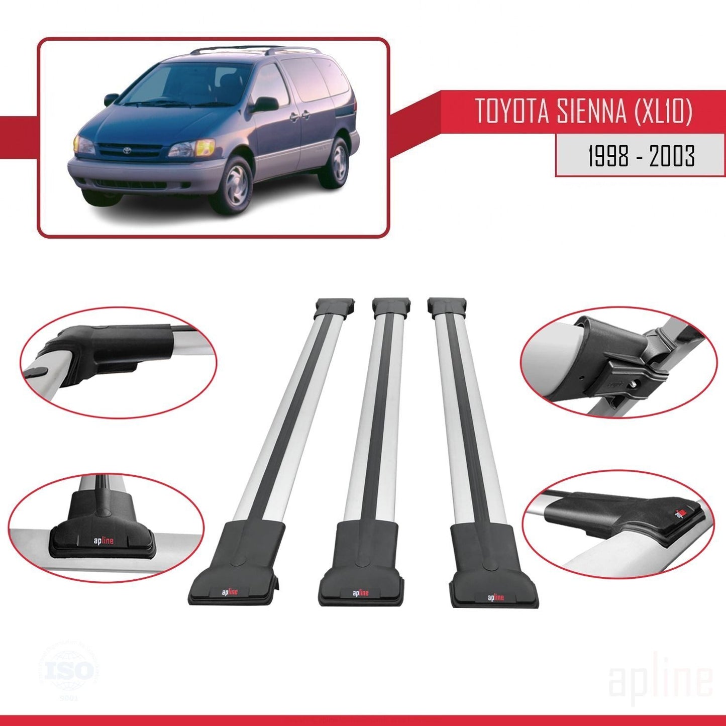 Compatible avec Toyota Sienna (XL10) 1998-2003 FLY Model Barres de Toit Railing Porte-Bagages de Voiture Gris Aluminium 3 Barres