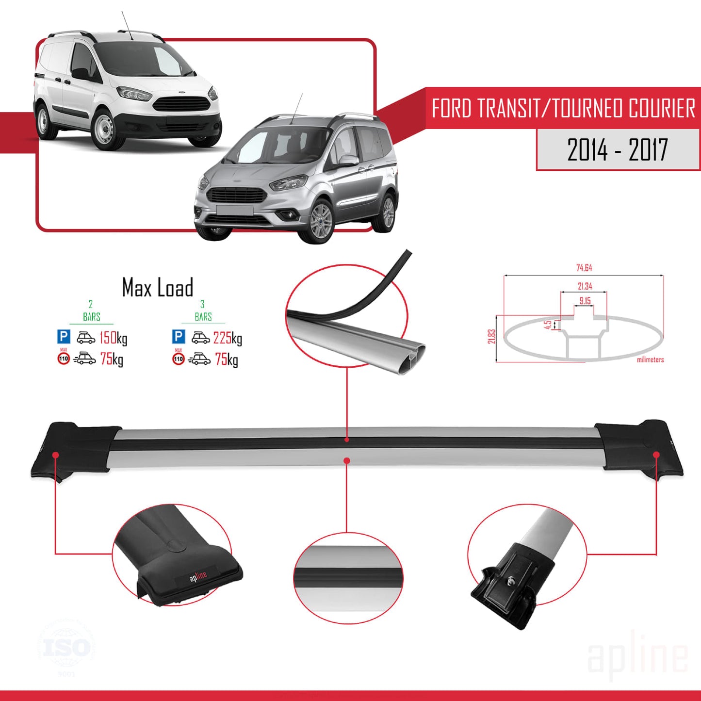 Compatibile con Ford Transit/Tourneo Courier Pre-Facelift 2014-2017 FLY Model Barre Tetto Portapacchi Auto Barre Portatutto Grigo Alluminio 2 Barre
