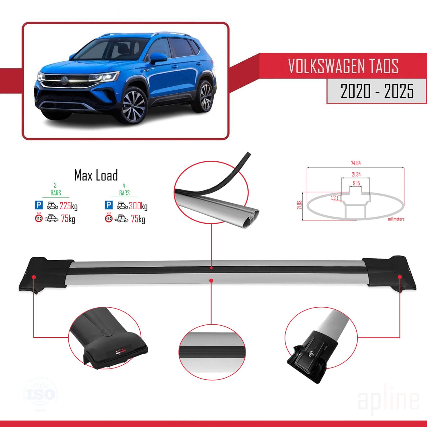 Compatibile con Volkswagen Taos 2021-2025 FLY Model Barre Tetto Portapacchi Auto Barre Portatutto Grigo Alluminio 3 Barre