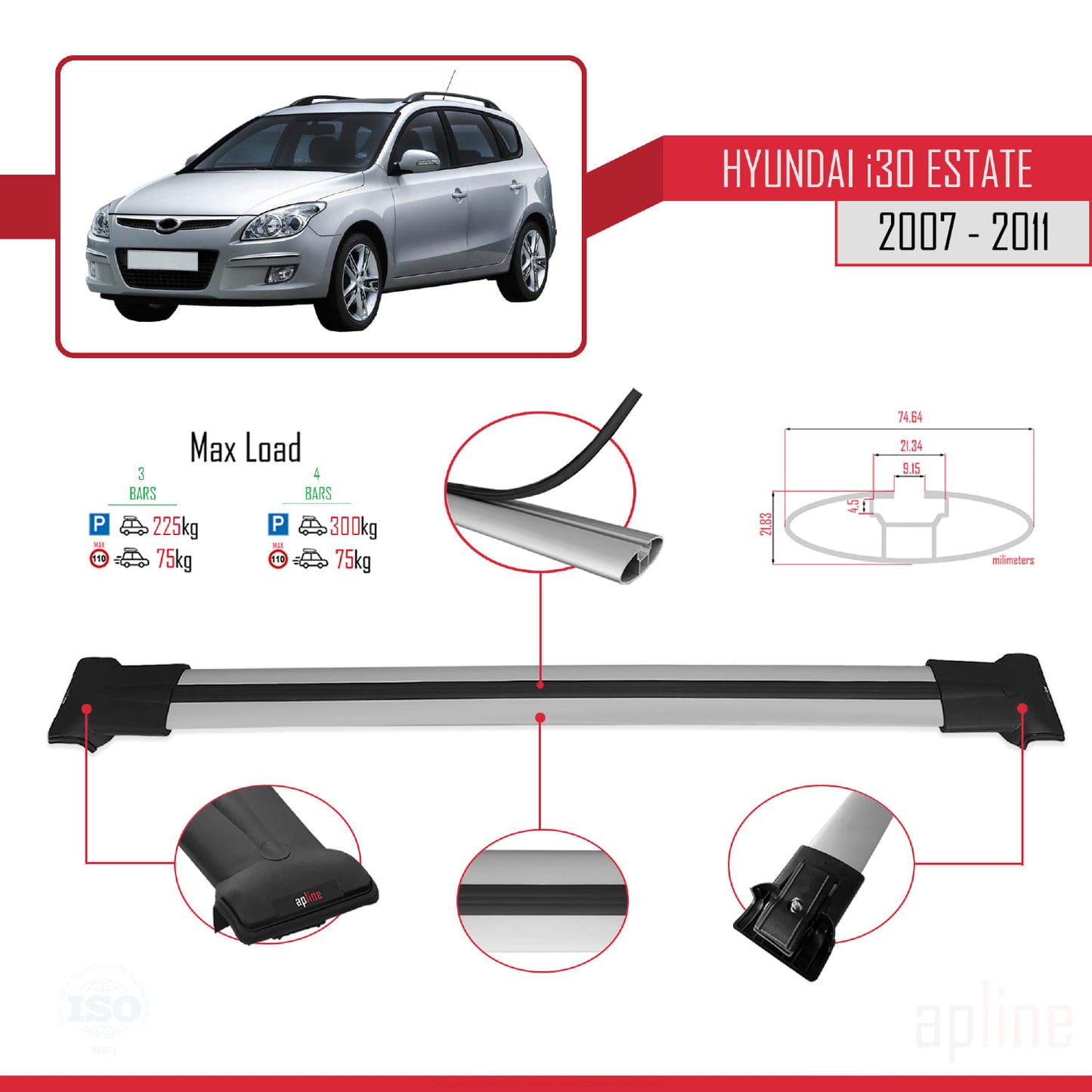 Compatible con Hyundai i30 (FD) Familiar 2007-2011 FLY Model Barras de Techo Auto Portaequipajes Barras Transversales Gris Aluminio 3 Barras