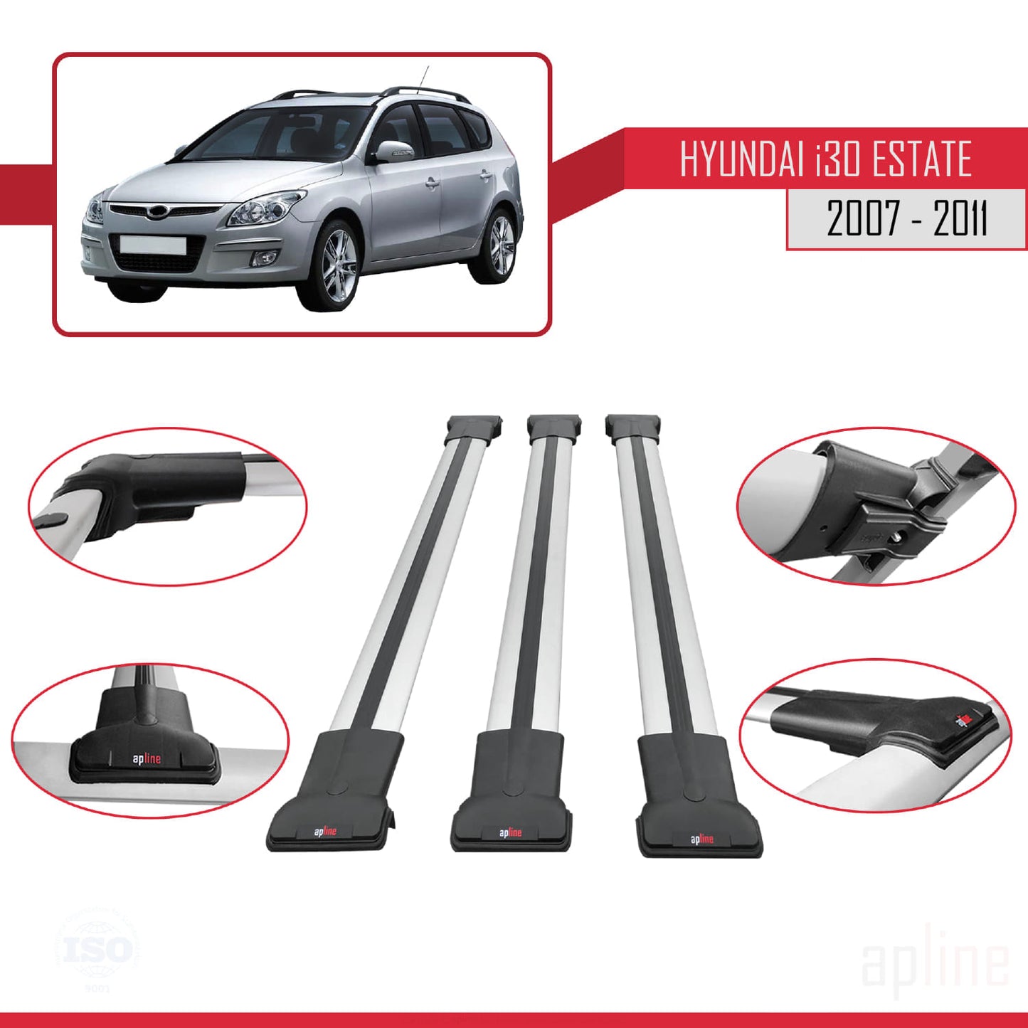 Compatible con Hyundai i30 (FD) Familiar 2007-2011 FLY Model Barras de Techo Auto Portaequipajes Barras Transversales Gris Aluminio 3 Barras