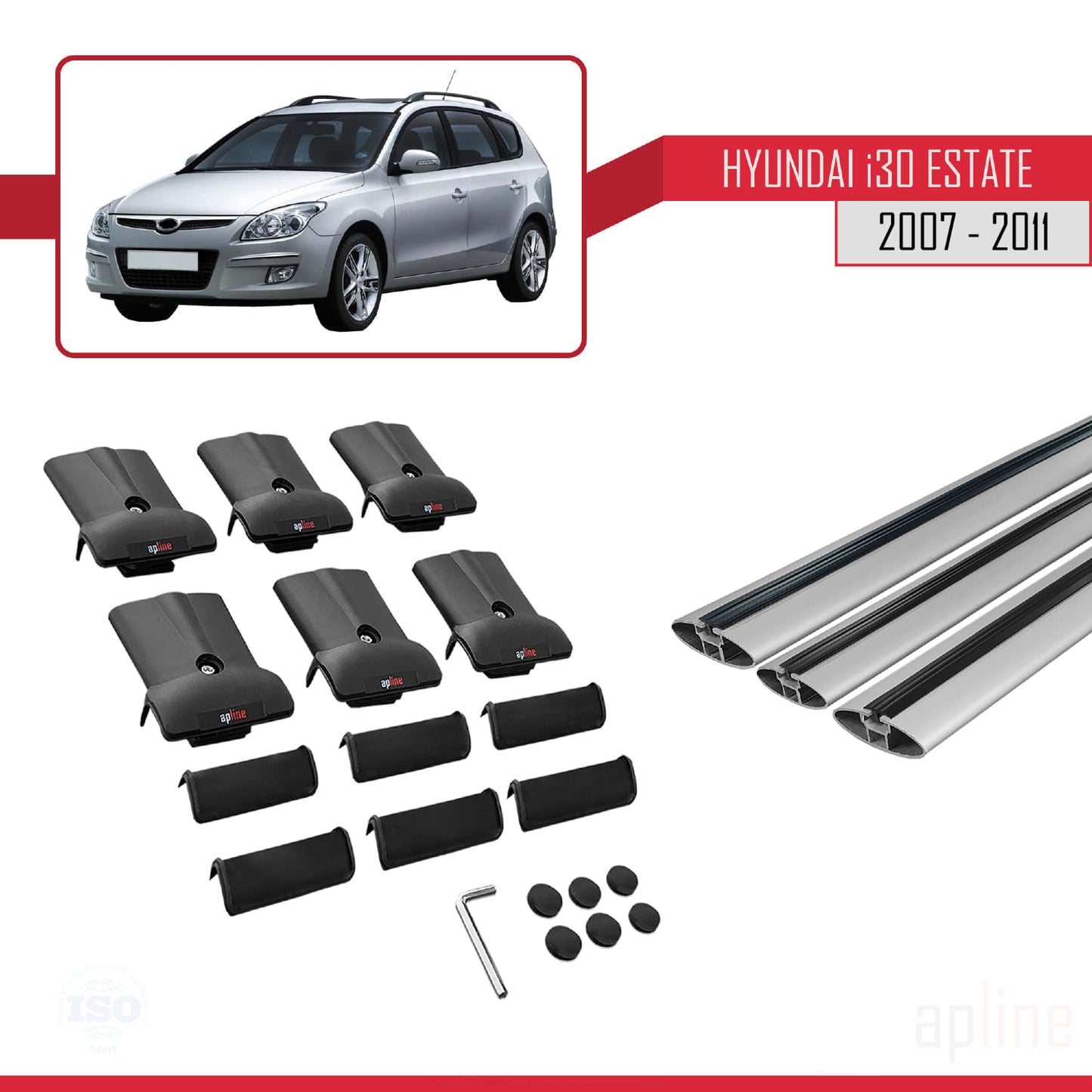 Compatible con Hyundai i30 (FD) Familiar 2007-2011 FLY Model Barras de Techo Auto Portaequipajes Barras Transversales Gris Aluminio 3 Barras