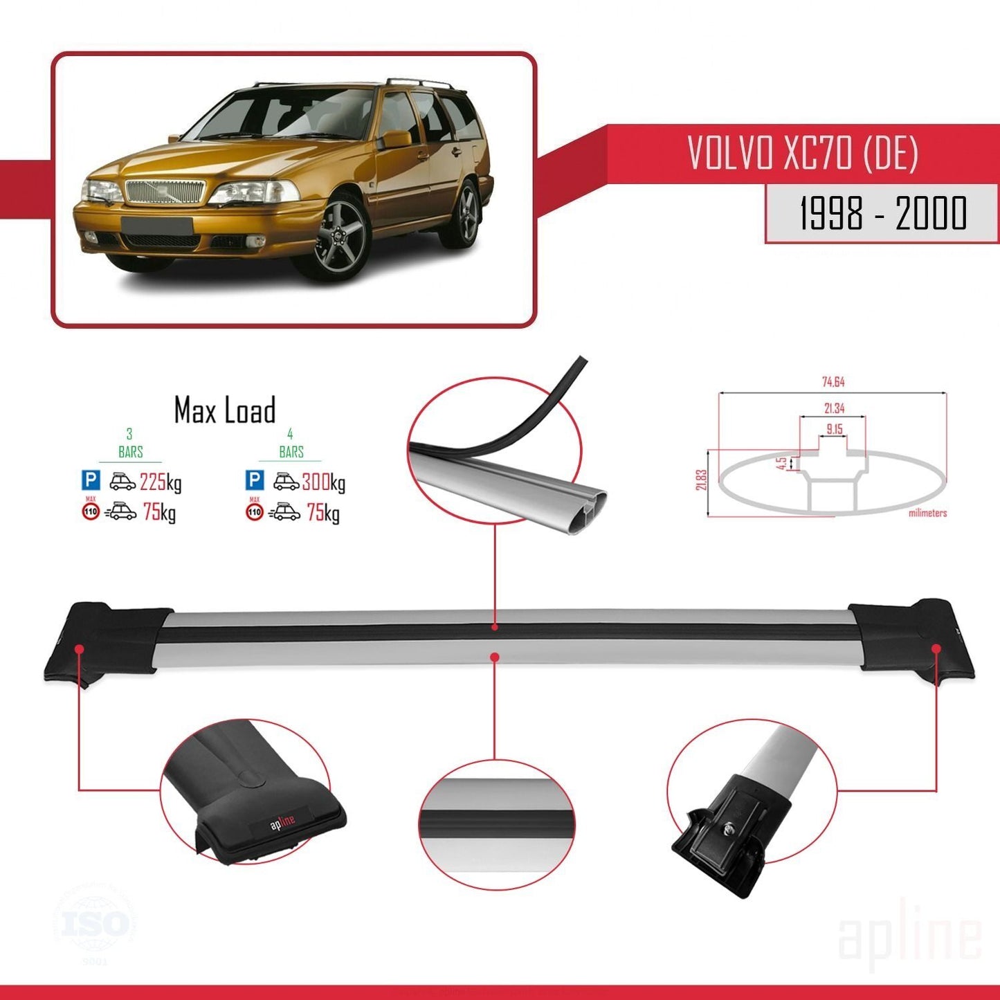 Compatible avec Volvo XC70 1998-2000 FLY Model Barres de Toit Railing Porte-Bagages de Voiture Gris Aluminium 3 Barres