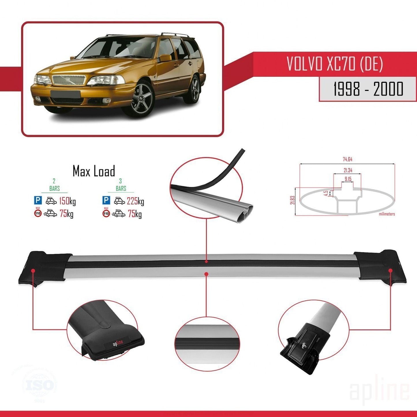 Compatible avec Volvo XC70 1998-2000 FLY Model Barres de Toit Railing Porte-Bagages de Voiture Gris Aluminium 2 Barres