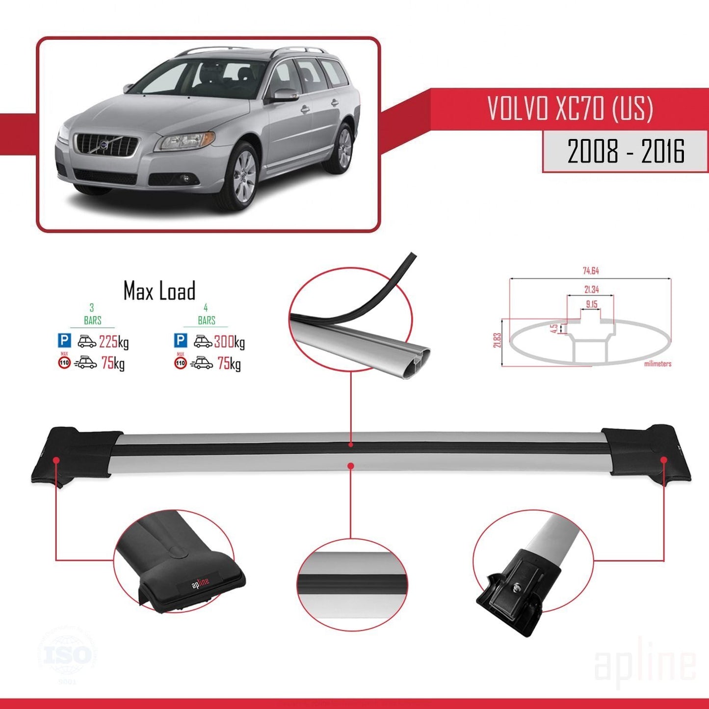 Compatible con Volvo XC70 II (P24) 2008-2016 FLY Model Barras de Techo Auto Portaequipajes Barras Transversales Gris Aluminio 3 Barras