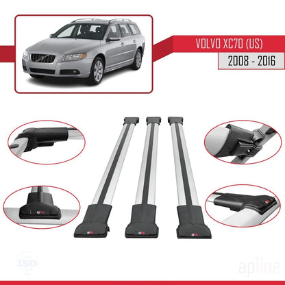 Compatible con Volvo XC70 II (P24) 2008-2016 FLY Model Barras de Techo Auto Portaequipajes Barras Transversales Gris Aluminio 3 Barras