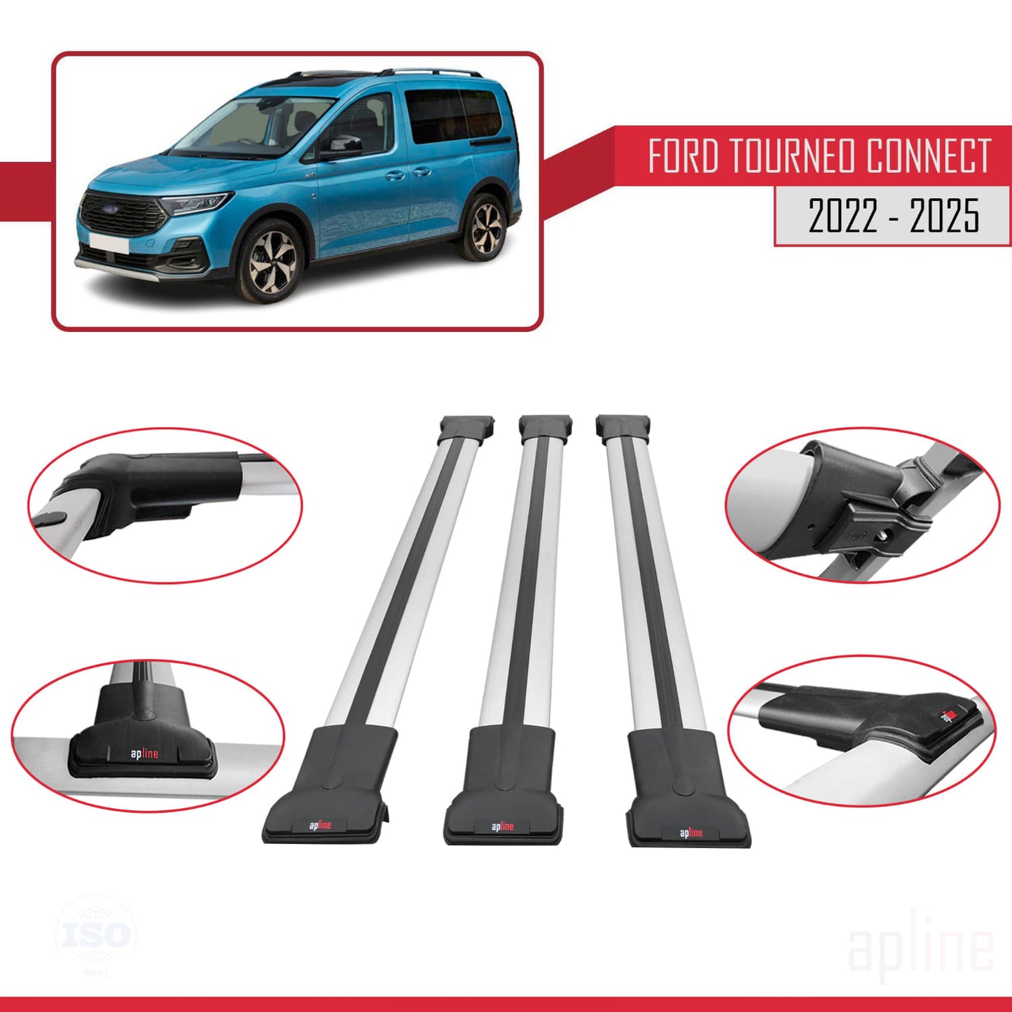 Compatible avec Ford Transit/Tourneo Connect 3 2022-2025 FLY Model Barres de Toit Railing Porte-Bagages de Voiture Gris Aluminium 3 Barres