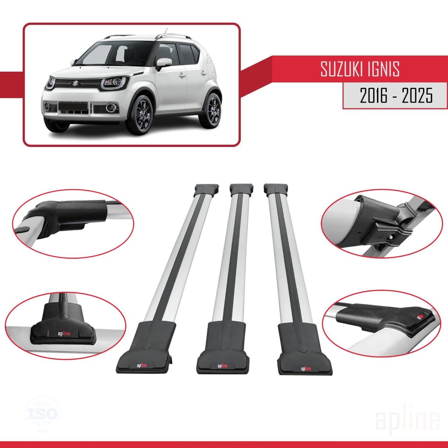 Compatible con Suzuki Ignıs 2016-2025 FLY Model Barras de Techo Auto Portaequipajes Barras Transversales Gris Aluminio 3 Barras