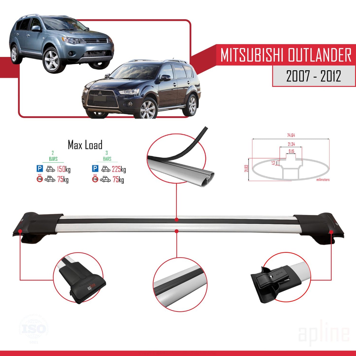 Compatible avec Mitsubishi Outlander 2 2007-2012 FLY Model Barres de Toit Railing Porte-Bagages de Voiture Gris Aluminium 2 Barres