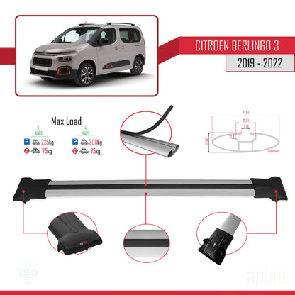 Compatible avec Citroen Berlingo 3 (K9) 2019-2022 FLY Model Barres de Toit Railing Porte-Bagages de Voiture Gris Aluminium 4 Barres