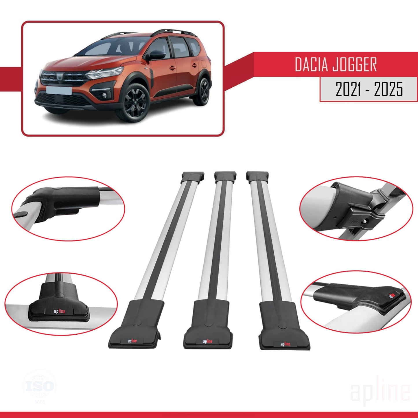 Compatibile con Dacia Jogger 2021-2025 FLY Model Barre Tetto Portapacchi Auto Barre Portatutto Grigo Alluminio 3 Barre