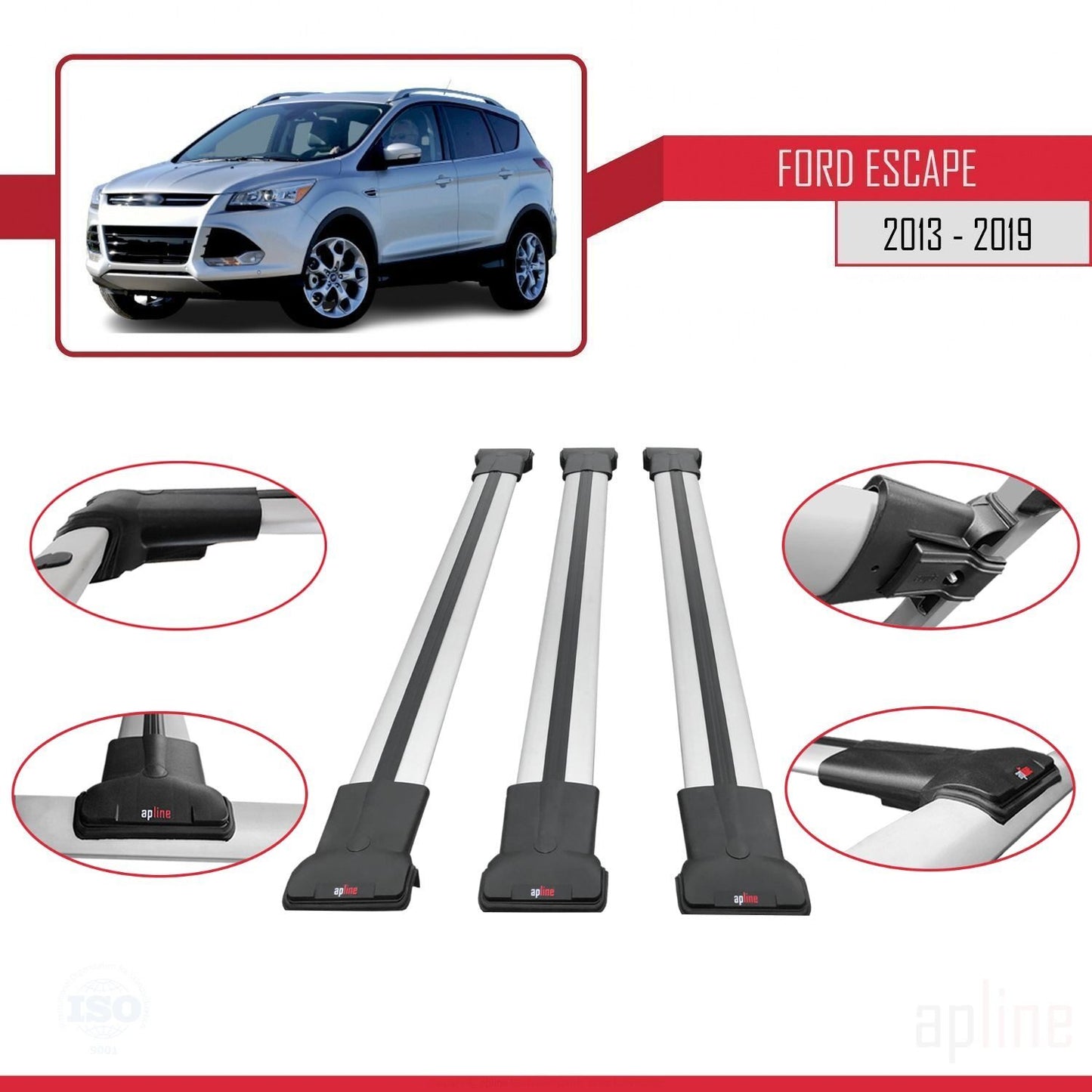 Compatible con Ford Escape 3 2013-2019 FLY Model Barras de Techo Auto Portaequipajes Barras Transversales Gris Aluminio 3 Barras
