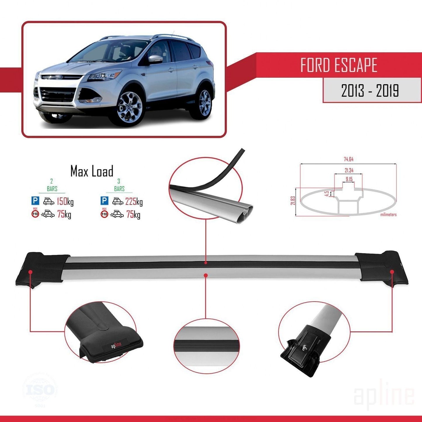 FLY Model Dakdrager bagagedrager compatibel met Ford Escape 3 2013-2019 Spoorstaven Grijs Aluminium 2 Staven