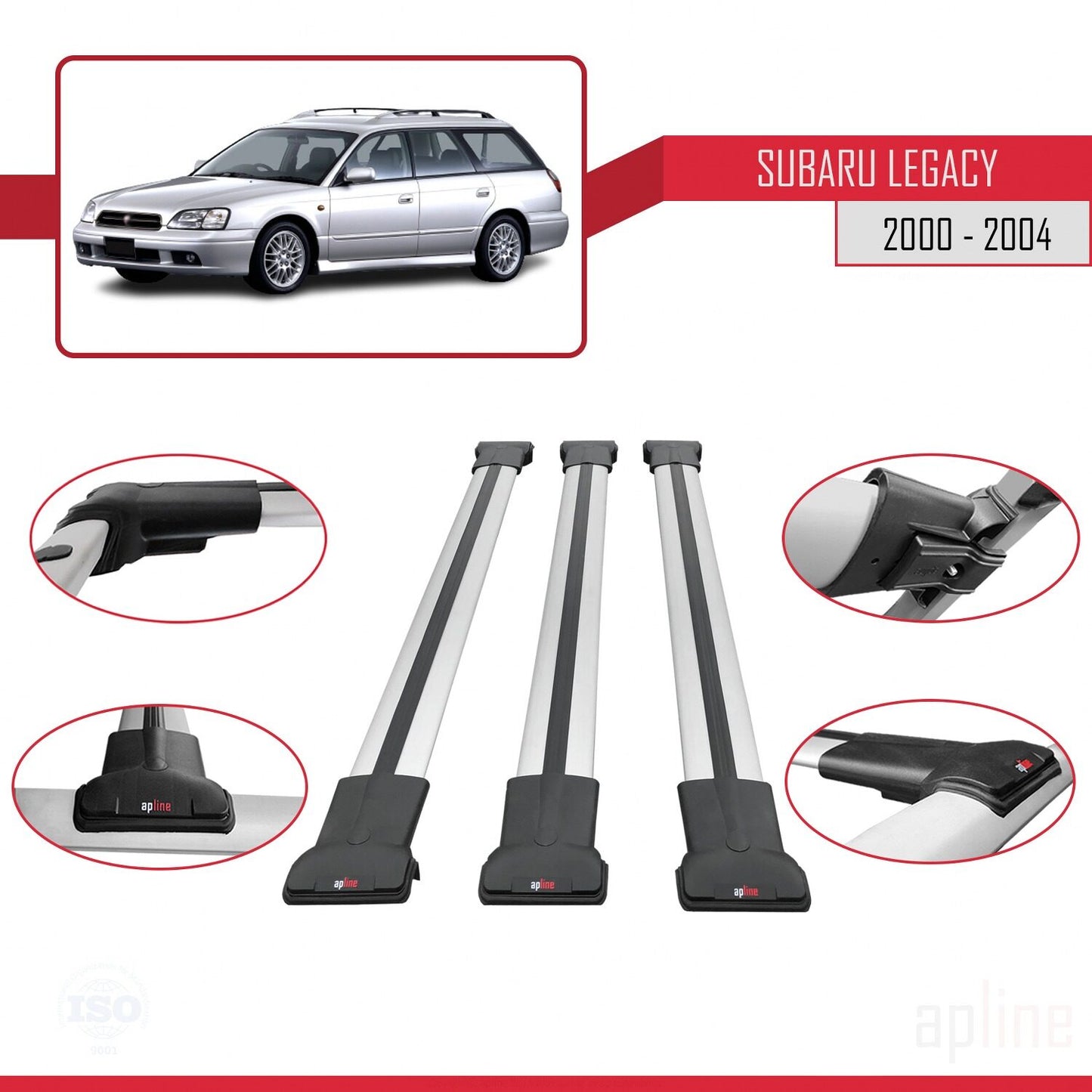 Compatible avec Subaru Legacy 3 (BE) 2000-2004 FLY Model Barres de Toit Railing Porte-Bagages de Voiture Gris Aluminium 3 Barres