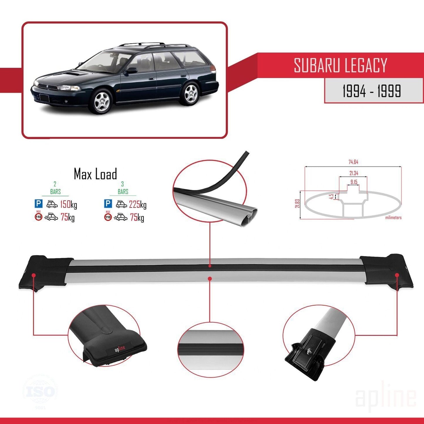 Compatibile con Subaru Legacy 2 (BD) 1994-1999 FLY Model Barre Tetto Portapacchi Auto Barre Portatutto Grigo Alluminio 2 Barre