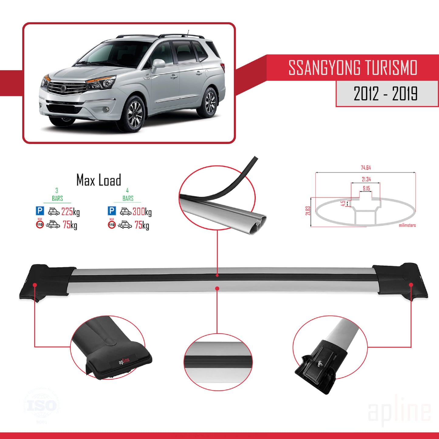 Kompatibel mit Ssangyong Turismo 2012-2019 FLY Model Relingträger Dachträger Auto Gepäckträger Grau Aluminium 3 Stangen