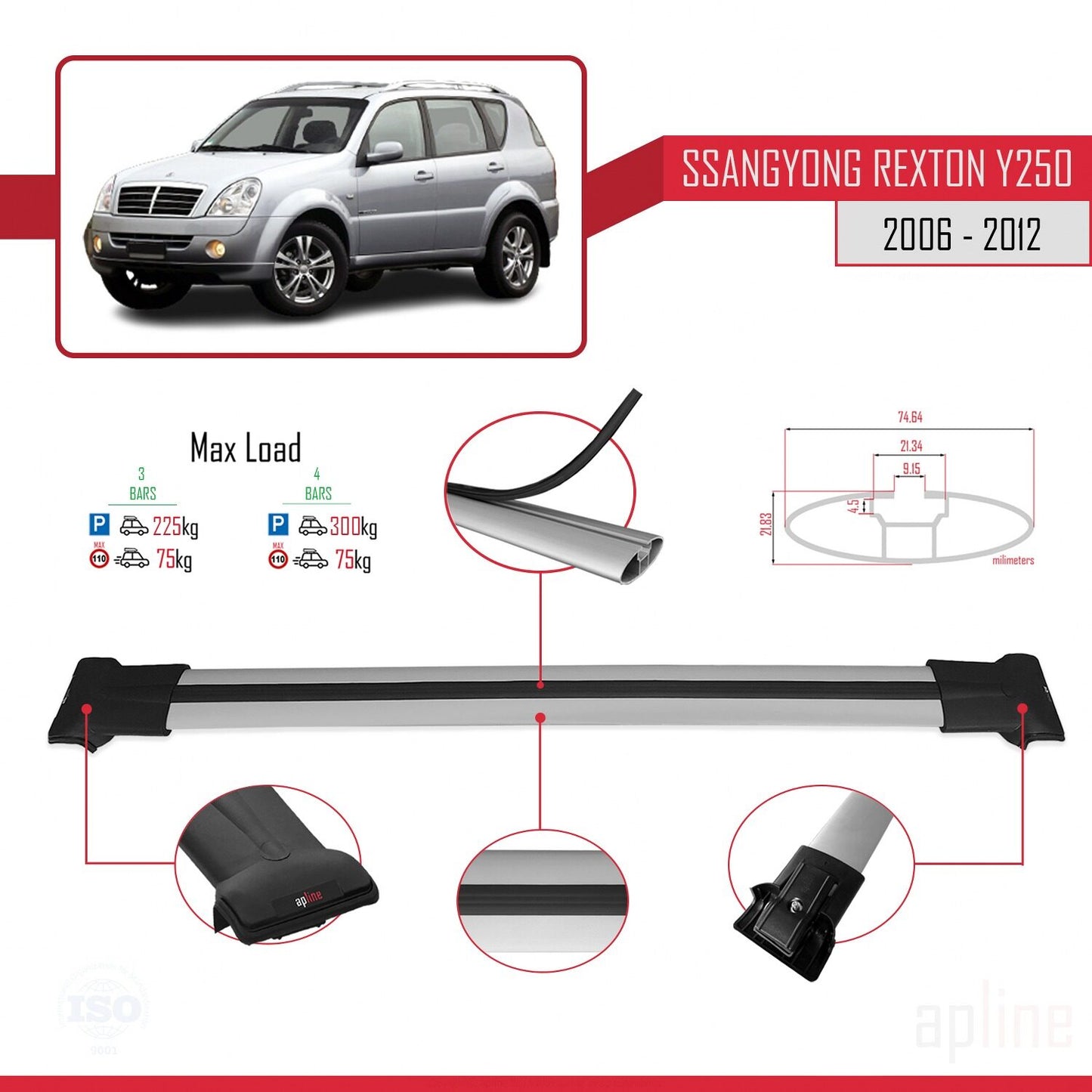 Compatible avec Ssangyong Rexton (Y250) 2006-2012 FLY Model Barres de Toit Railing Porte-Bagages de Voiture Gris Aluminium 3 Barres