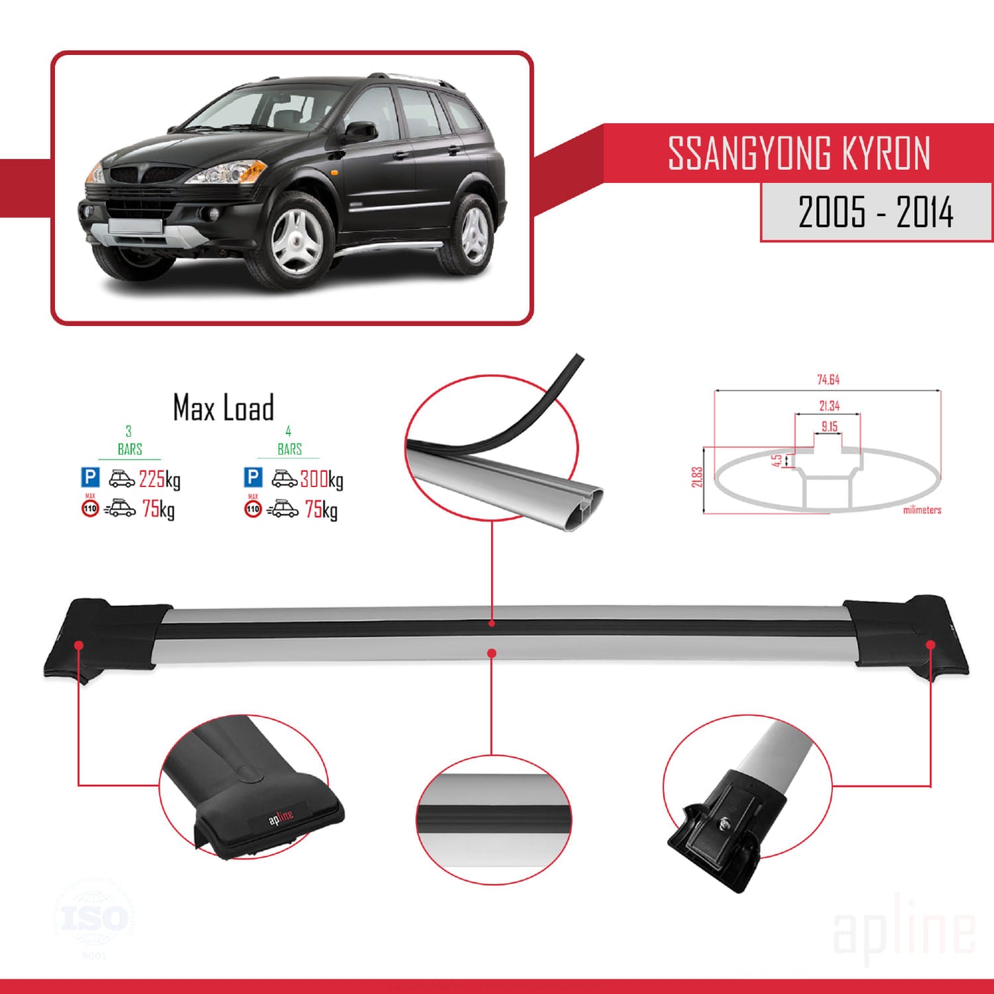 Compatibile con Ssangyong Kyron 2005-2014 FLY Model Barre Tetto Portapacchi Auto Barre Portatutto Grigo Alluminio 3 Barre