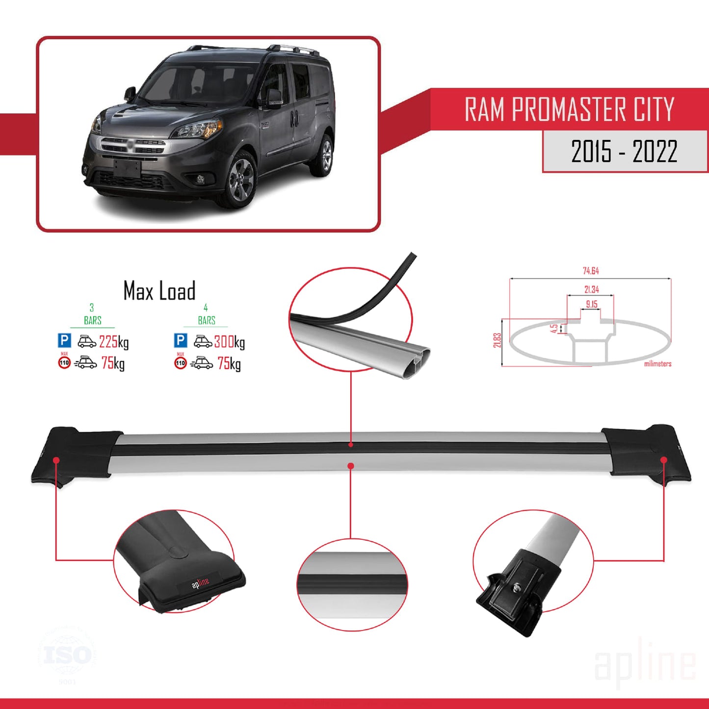 Compatible con Ram Promaster City (636) 2015-2022 FLY Model Barras de Techo Auto Portaequipajes Barras Transversales Gris Aluminio 3 Barras