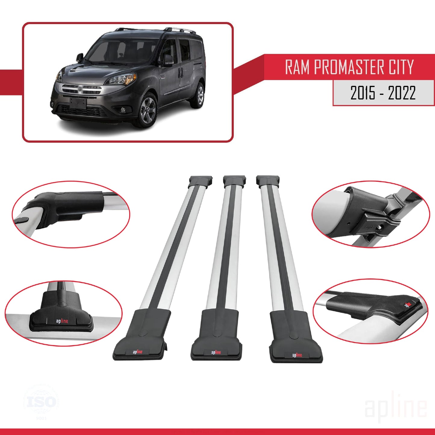 Compatible con Ram Promaster City (636) 2015-2022 FLY Model Barras de Techo Auto Portaequipajes Barras Transversales Gris Aluminio 3 Barras