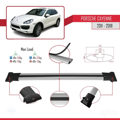 Compatible avec Porsche Cayenne 2 (92A) 2011-2018 FLY Model Barres de Toit Railing Porte-Bagages de Voiture Gris Aluminium 2 Barres
