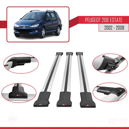 FLY Model Dakdrager bagagedrager compatibel met Peugeot 206 SW 2002-2008 Spoorstaven Grijs Aluminium 3 Staven