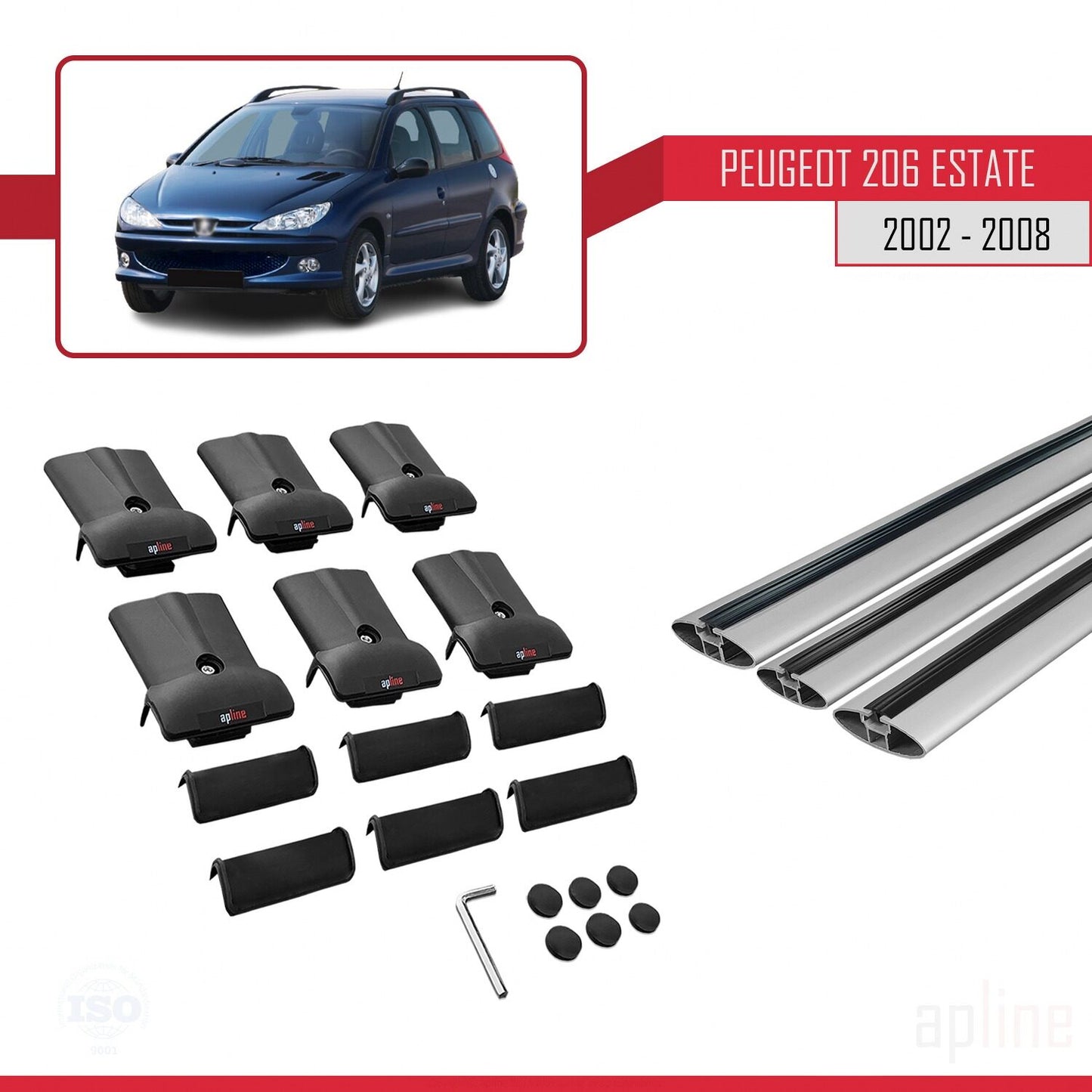 FLY Model Dakdrager bagagedrager compatibel met Peugeot 206 SW 2002-2008 Spoorstaven Grijs Aluminium 3 Staven