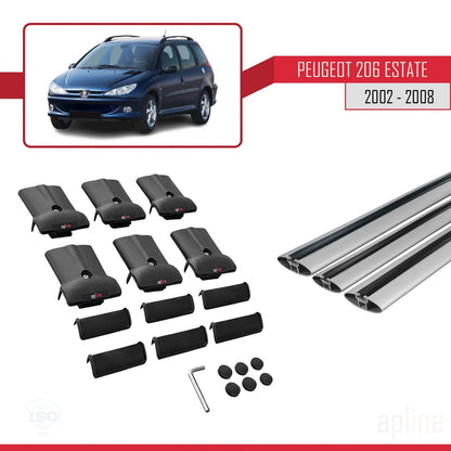 FLY Model Dakdrager bagagedrager compatibel met Peugeot 206 SW 2002-2008 Spoorstaven Grijs Aluminium 3 Staven